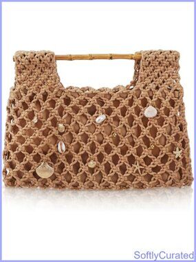 Crochet Woven Mesh Handbag Bamboo Handle Coastal Beach Tote Satchel